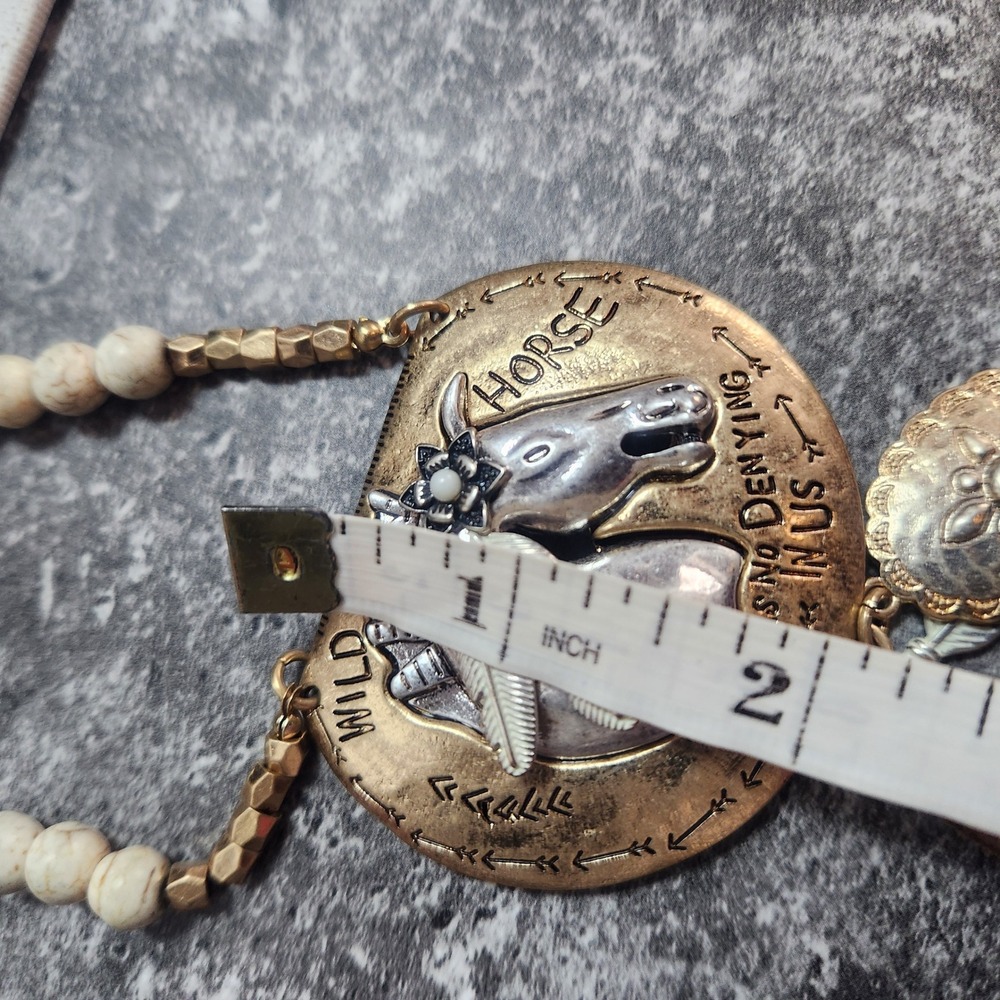 Wild Horse Statement Necklace Mixed Metal Shield Tassel Western Boho Jewelry - Picture 6 of 13